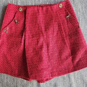Chic Red Tweed Skirt with Gold Accents